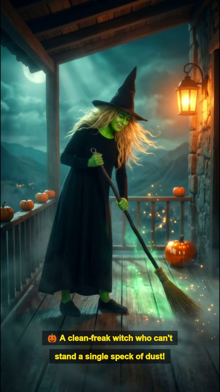 Ali the Witch flying past a full moon