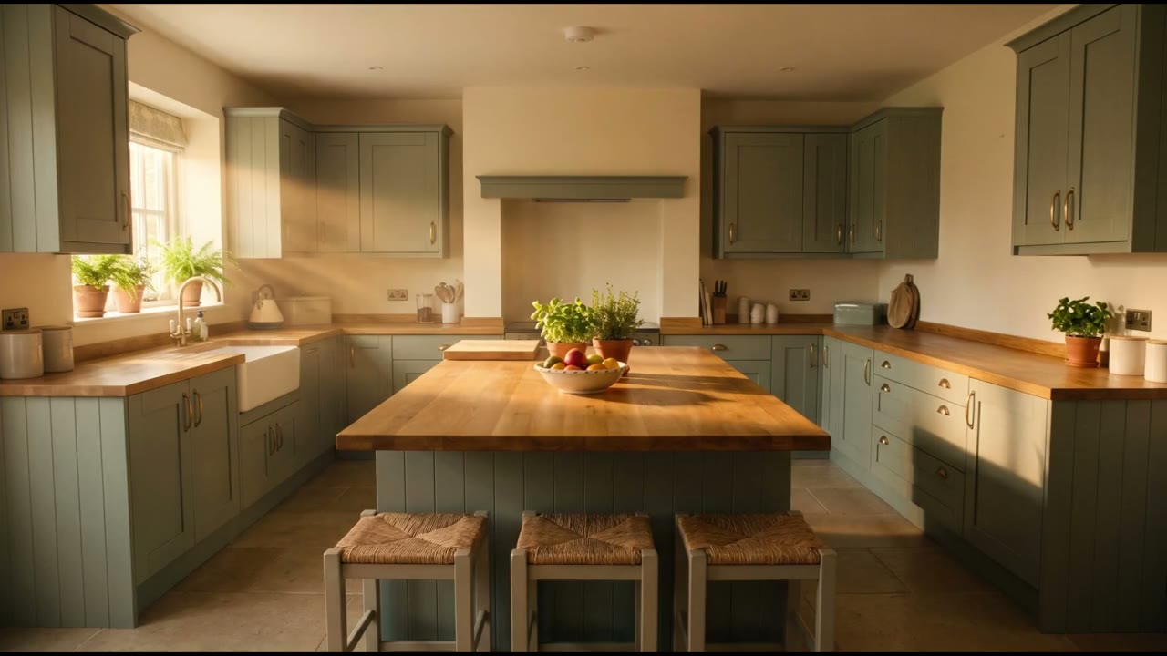 Finished sage green kitchen with an oak island in morning sun