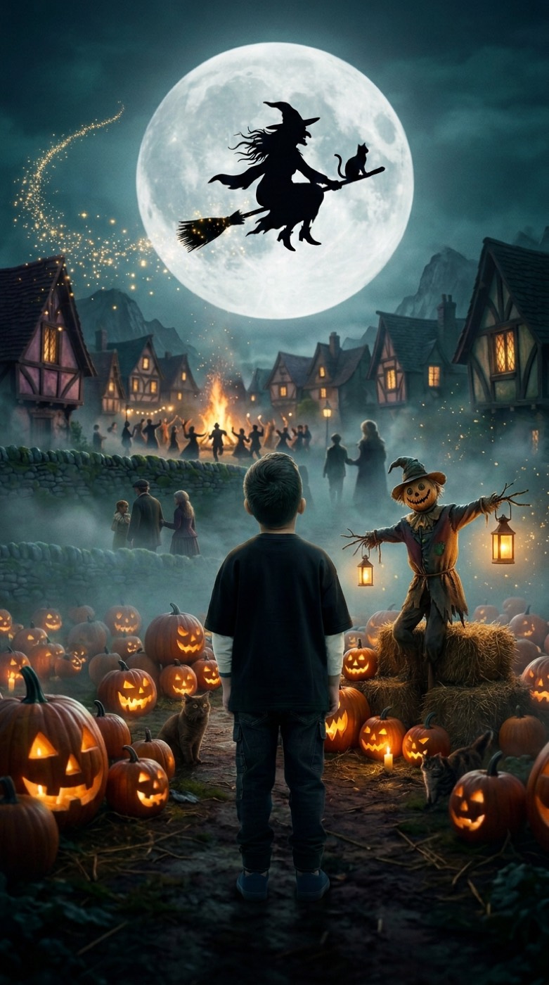 Ali the Witch on her broom past the moon