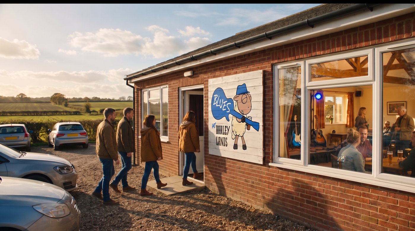 Fans walking into the clubhouse past the Blues at Barleylands sign