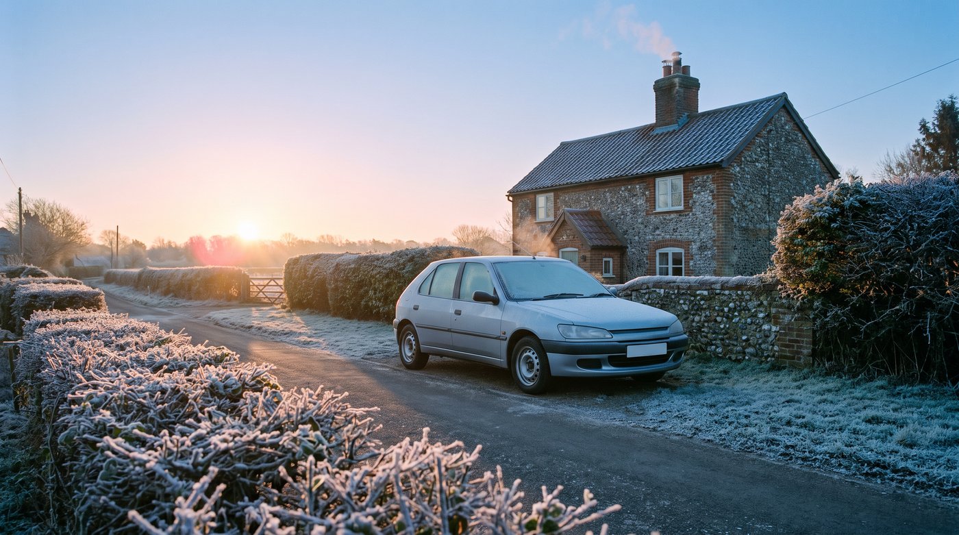 A frost-covered car outside a flint cottage at sunrise