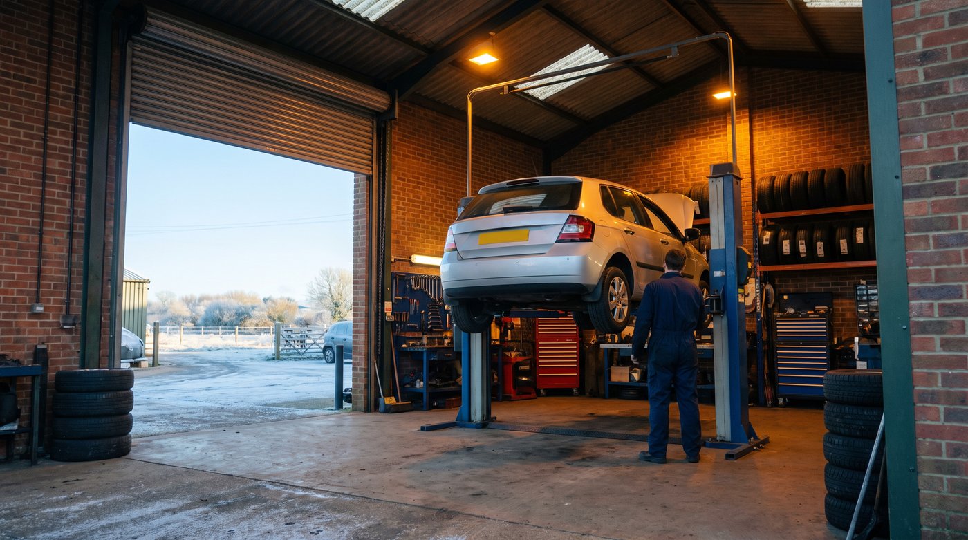 A car on the lift in a warm workshop, frost outside