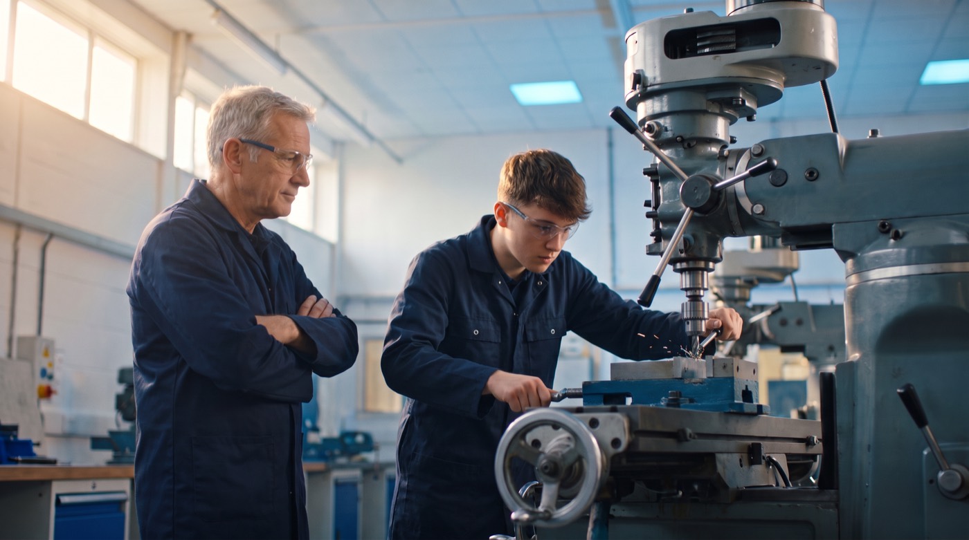 An older engineer guiding a young apprentice at a milling machine