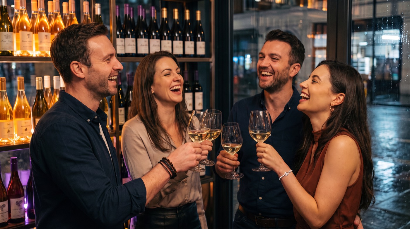 Friends raising a glass in a London bar
