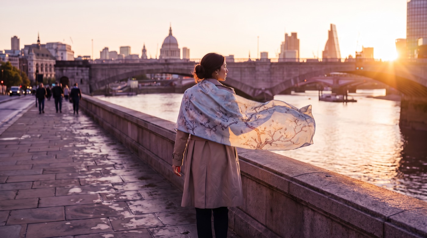 A silk scarf billowing by Westminster at golden hour